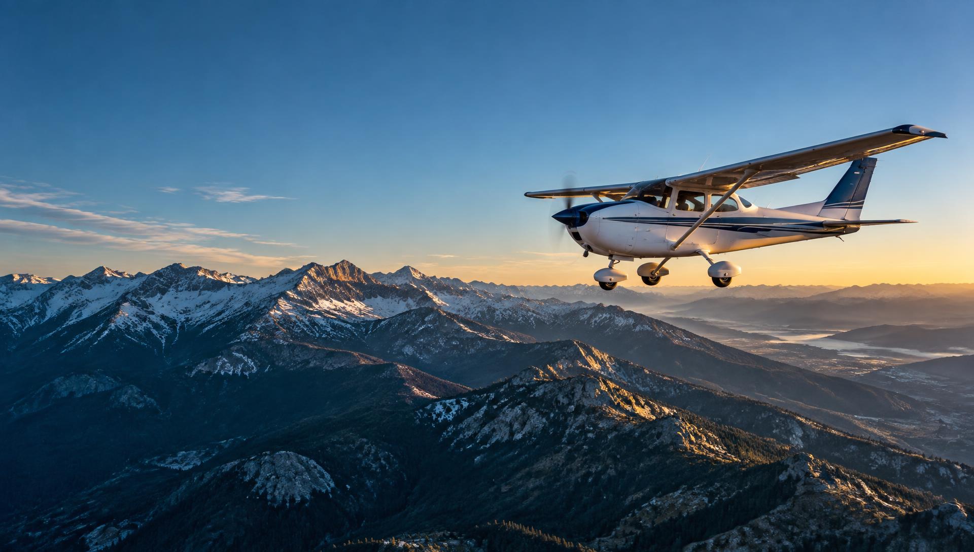 Single-engine airplane flying over the Rocky Mountains