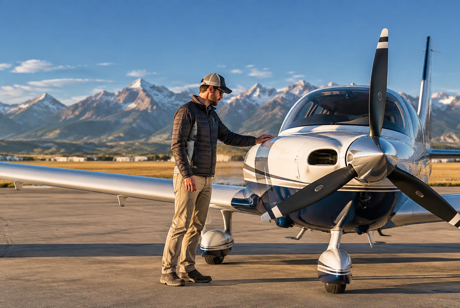 Pilot completing a preflight inspection beside a single-engine airplane